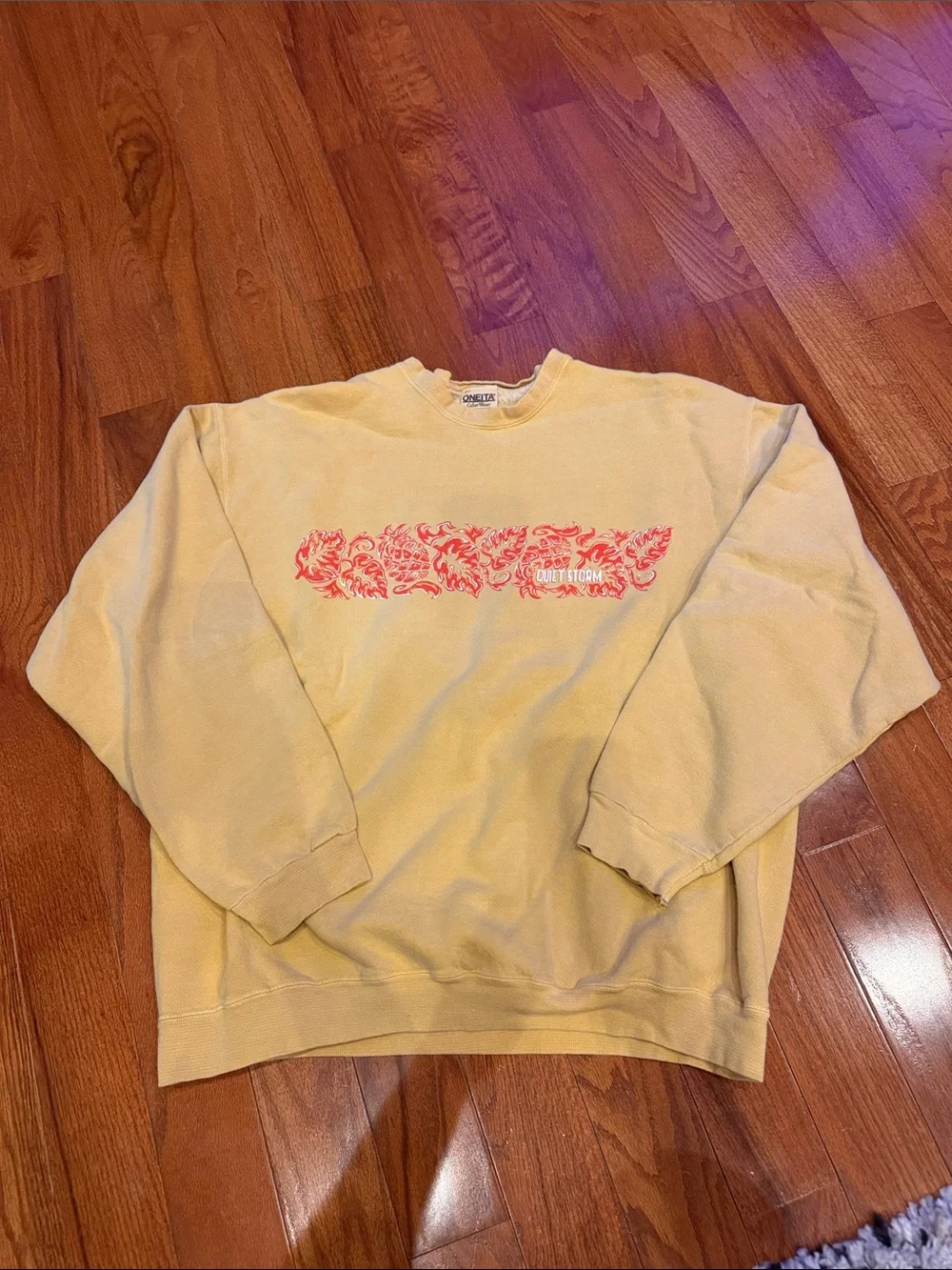 Quiet Storm Men's Cream Crewneck Sweatshirt with Pink Chest Graphic
